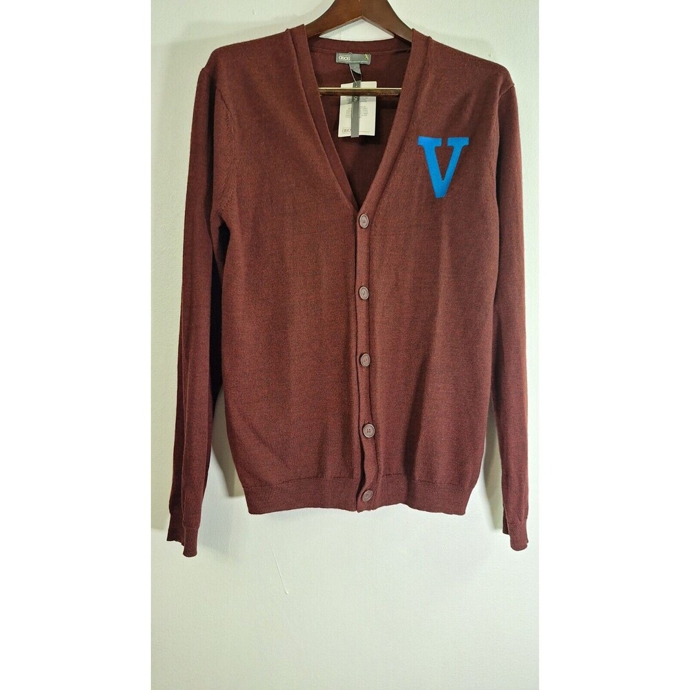 ASOS Embroidered 100% Merino Wool‎ Cardigan Sweater Men Med. Preppy Nerdy Office